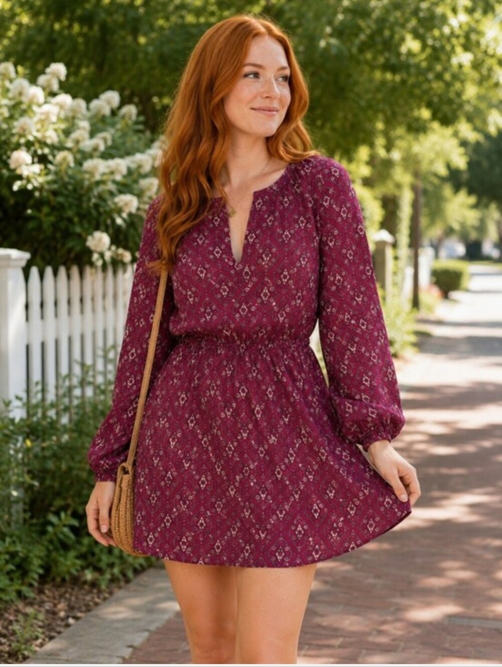 miami Burgundy Printed Long-Sleeve Smocked Waist Dress